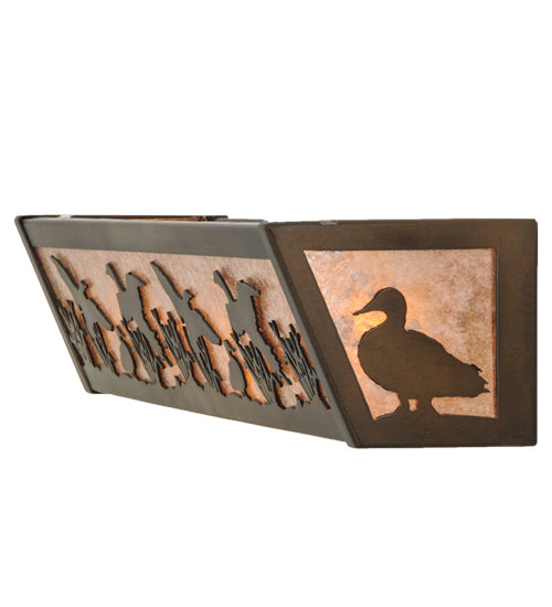 Meyda Lighting Ducks in Flight 24" 4-Light Antique Copper Vanity Light With Silver Mica Shade Glass