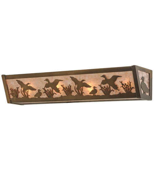 Meyda Lighting Ducks in Flight 24" 4-Light Antique Copper Vanity Light With Silver Mica Shade Glass