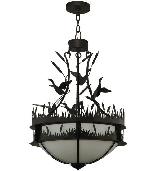 Meyda Lighting Ducks in Flight 24" 4-Light Oil Rubbed Bronze Inverted Pendant Light With Statuario Idalight Shade