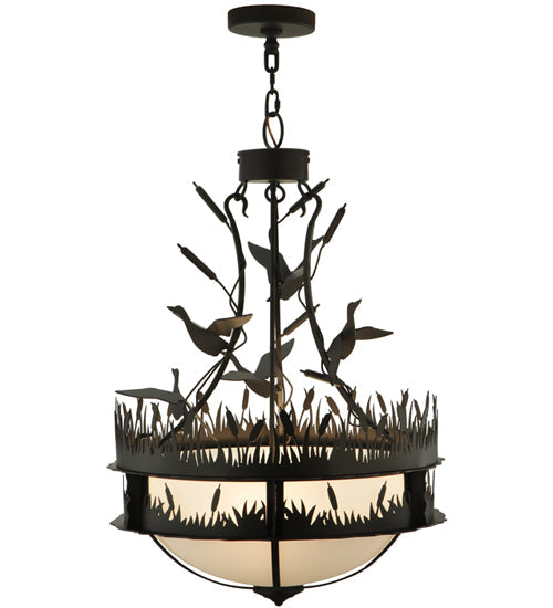 Meyda Lighting Ducks in Flight 24" 4-Light Oil Rubbed Bronze Inverted Pendant Light With Statuario Idalight Shade