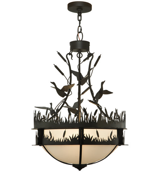 Meyda Lighting Ducks in Flight 24" 4-Light Oil Rubbed Bronze Inverted Pendant Light With Statuario Idalight Shade