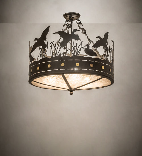 Meyda Lighting Ducks in Flight 24" 4-Light Oil Rubbed Bronze Semi-flush Mount Light With Silver Mica Shade Glass
