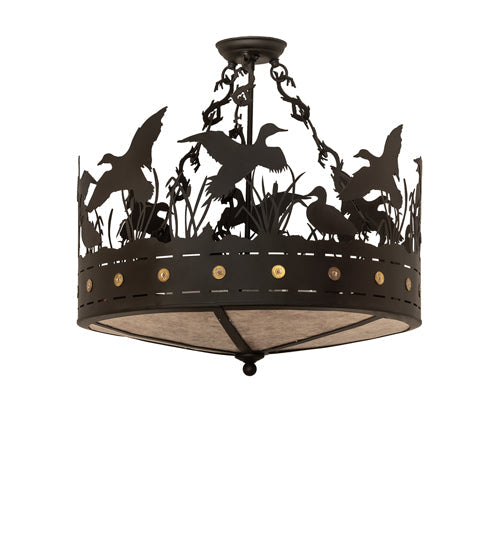 Meyda Lighting Ducks in Flight 24" 4-Light Oil Rubbed Bronze Semi-flush Mount Light With Silver Mica Shade Glass