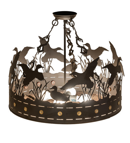 Meyda Lighting Ducks in Flight 24" 4-Light Oil Rubbed Bronze Semi-flush Mount Light With Silver Mica Shade Glass