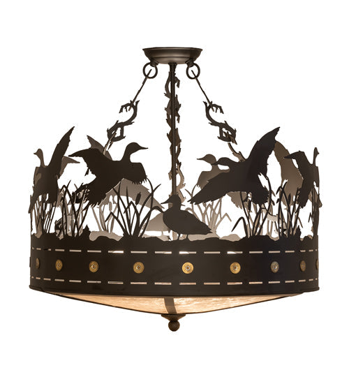 Meyda Lighting Ducks in Flight 24" 4-Light Oil Rubbed Bronze Semi-flush Mount Light With Silver Mica Shade Glass
