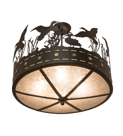 Meyda Lighting Ducks in Flight 24" 4-Light Oil Rubbed Bronze Semi-flush Mount Light With Silver Mica Shade Glass