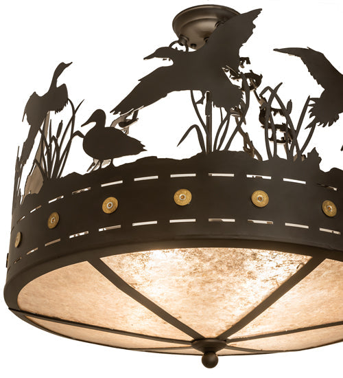 Meyda Lighting Ducks in Flight 24" 4-Light Oil Rubbed Bronze Semi-flush Mount Light With Silver Mica Shade Glass