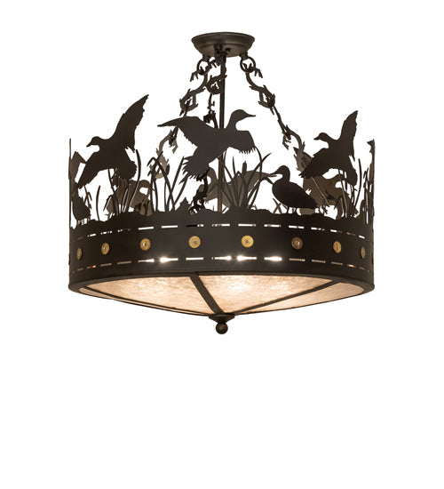 Meyda Lighting Ducks in Flight 24" 4-Light Oil Rubbed Bronze Semi-flush Mount Light With Silver Mica Shade Glass