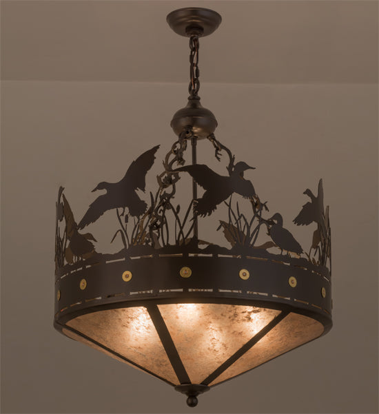 Meyda Lighting Ducks in Flight 24" 4-Light Timeless Bronze Inverted Pendant Light With Silver Mica Shade Glass