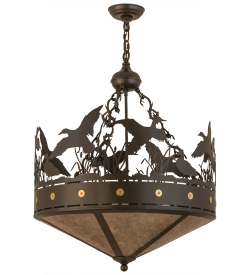 Meyda Lighting Ducks in Flight 24" 4-Light Timeless Bronze Inverted Pendant Light With Silver Mica Shade Glass
