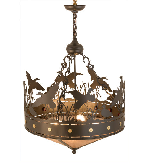 Meyda Lighting Ducks in Flight 24" 4-Light Timeless Bronze Inverted Pendant Light With Silver Mica Shade Glass