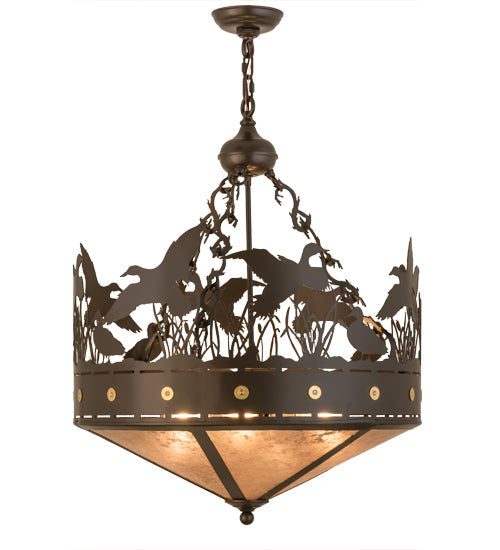 Meyda Lighting Ducks in Flight 24" 4-Light Timeless Bronze Inverted Pendant Light With Silver Mica Shade Glass