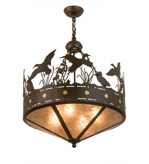 Meyda Lighting Ducks in Flight 24" 4-Light Timeless Bronze Inverted Pendant Light With Silver Mica Shade Glass