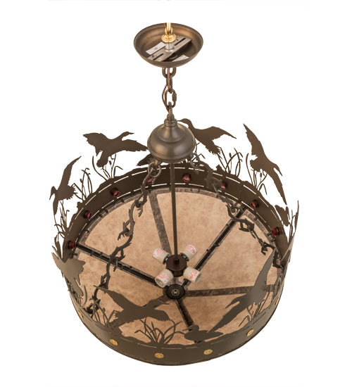Meyda Lighting Ducks in Flight 24" 4-Light Timeless Bronze Inverted Pendant Light With Silver Mica Shade Glass