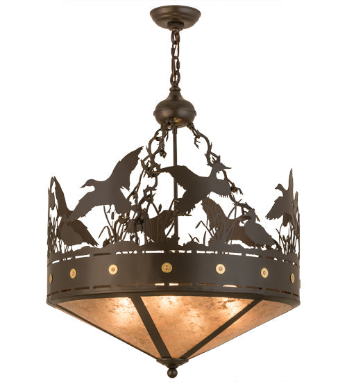 Meyda Lighting Ducks in Flight 24" 4-Light Timeless Bronze Inverted Pendant Light With Silver Mica Shade Glass