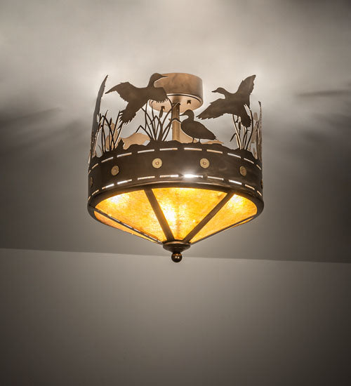 Meyda Lighting Ducks in Flight 246225 16" 4-Light Antique Copper Flush Mount Light With Amber Mica Shade Glass