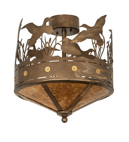 Meyda Lighting Ducks in Flight 246225 16" 4-Light Antique Copper Flush Mount Light With Amber Mica Shade Glass