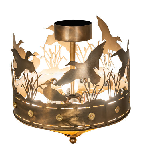 Meyda Lighting Ducks in Flight 246225 16" 4-Light Antique Copper Flush Mount Light With Amber Mica Shade Glass