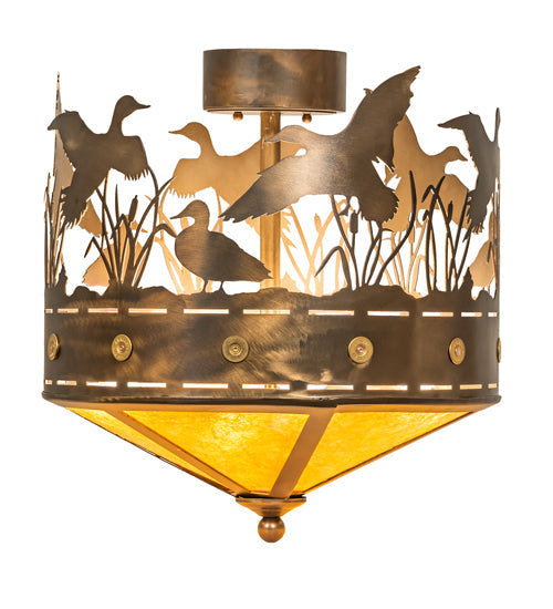 Meyda Lighting Ducks in Flight 246225 16" 4-Light Antique Copper Flush Mount Light With Amber Mica Shade Glass