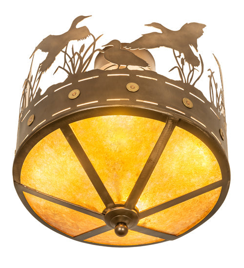 Meyda Lighting Ducks in Flight 246225 16" 4-Light Antique Copper Flush Mount Light With Amber Mica Shade Glass