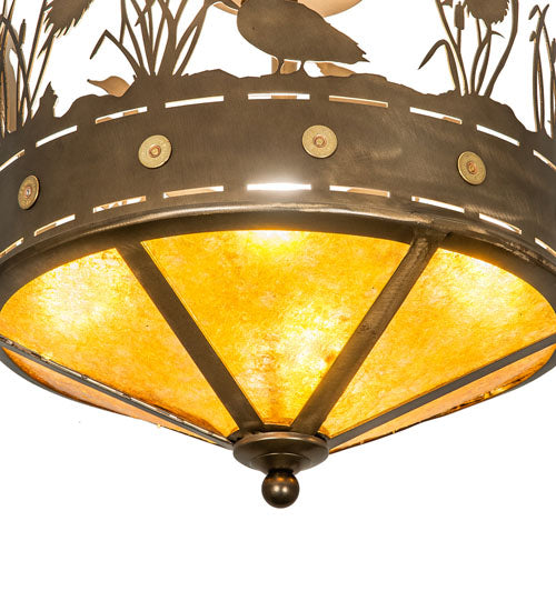 Meyda Lighting Ducks in Flight 246225 16" 4-Light Antique Copper Flush Mount Light With Amber Mica Shade Glass
