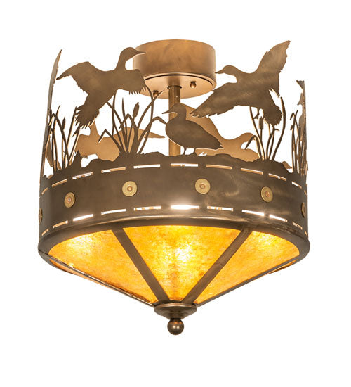 Meyda Lighting Ducks in Flight 246225 16" 4-Light Antique Copper Flush Mount Light With Amber Mica Shade Glass