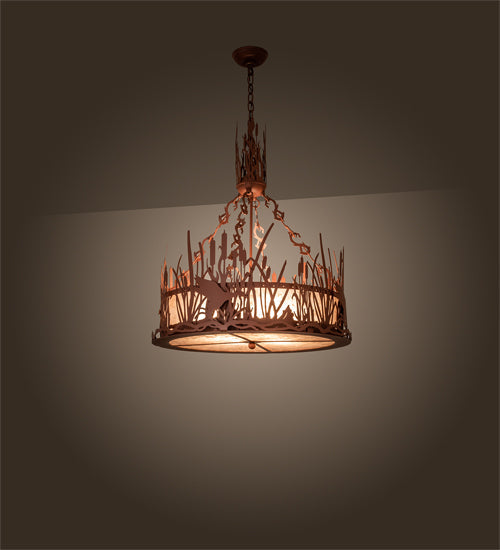 Meyda Lighting Ducks in Flight 26" 4-Light Rust Inverted Pendant Light With Silver Mica Shade Glass