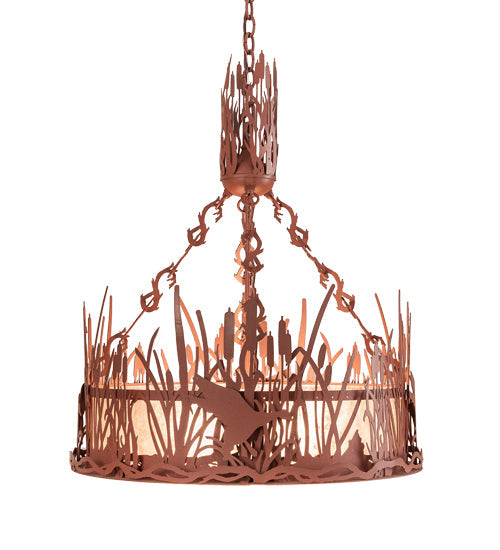 Meyda Lighting Ducks in Flight 26" 4-Light Rust Inverted Pendant Light With Silver Mica Shade Glass