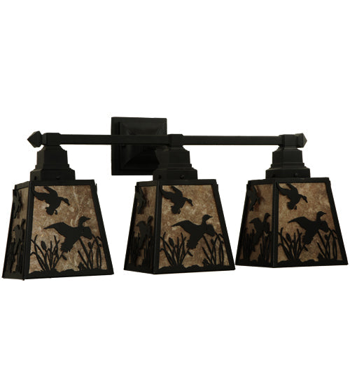 Meyda Lighting Ducks in Flight 28" 3-Light Black Wall Sconce With Silver Mica Shade Glass