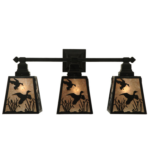 Meyda Lighting Ducks in Flight 28" 3-Light Black Wall Sconce With Silver Mica Shade Glass