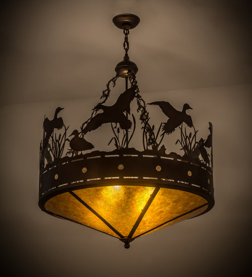 Meyda Lighting Ducks in Flight 30" 4-Light Antique Copper Inverted Pendant Light With Amber Mica Shade Glass