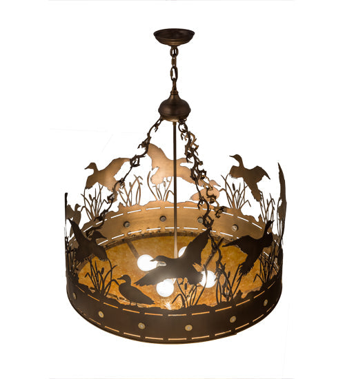 Meyda Lighting Ducks in Flight 30" 4-Light Antique Copper Inverted Pendant Light With Amber Mica Shade Glass