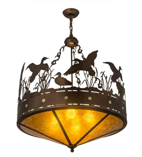 Meyda Lighting Ducks in Flight 30" 4-Light Antique Copper Inverted Pendant Light With Amber Mica Shade Glass