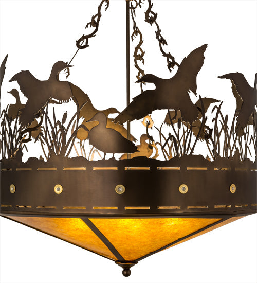 Meyda Lighting Ducks in Flight 30" 4-Light Antique Copper Inverted Pendant Light With Amber Mica Shade Glass
