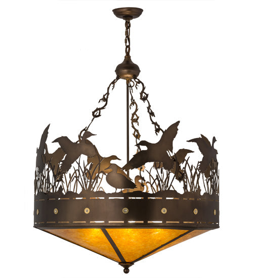 Meyda Lighting Ducks in Flight 30" 4-Light Antique Copper Inverted Pendant Light With Amber Mica Shade Glass