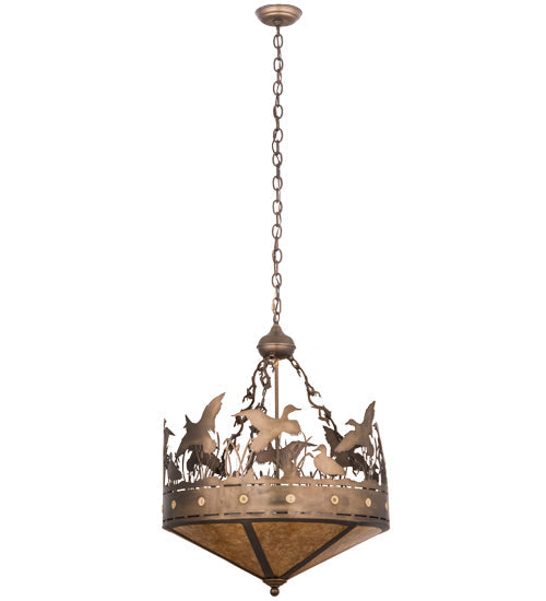 Meyda Lighting Ducks in Flight 32133 24" 4-Light Antique Copper Inverted Pendant Light With Amber Mica Shade Glass