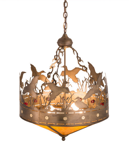 Meyda Lighting Ducks in Flight 32133 24" 4-Light Antique Copper Inverted Pendant Light With Amber Mica Shade Glass