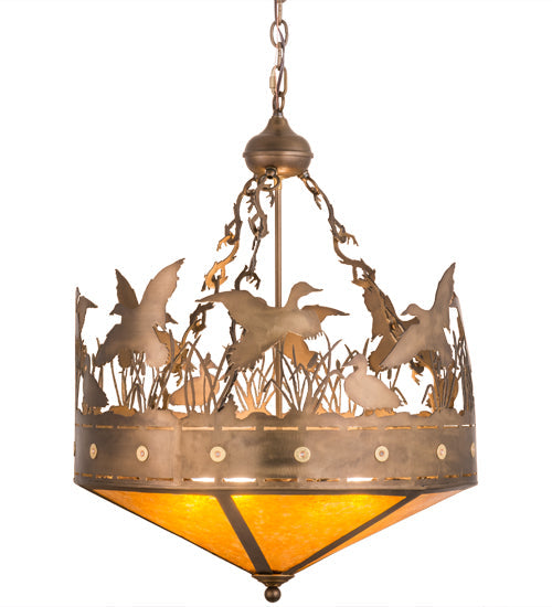 Meyda Lighting Ducks in Flight 32133 24" 4-Light Antique Copper Inverted Pendant Light With Amber Mica Shade Glass