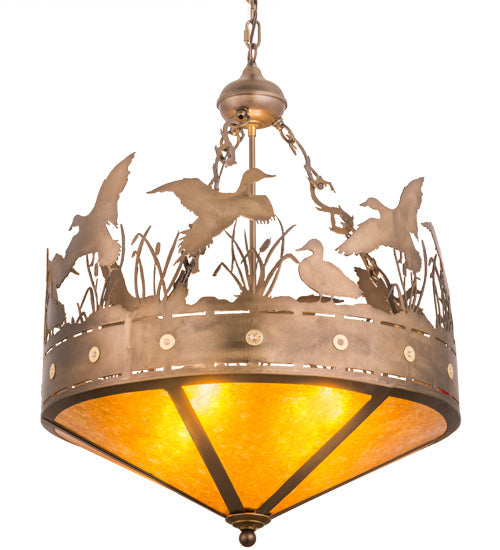 Meyda Lighting Ducks in Flight 32133 24" 4-Light Antique Copper Inverted Pendant Light With Amber Mica Shade Glass