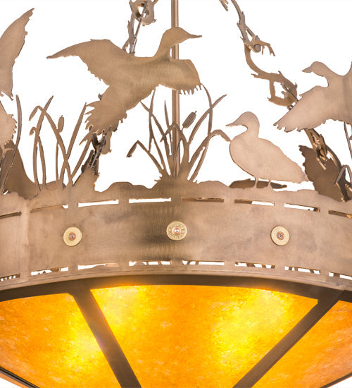 Meyda Lighting Ducks in Flight 32133 24" 4-Light Antique Copper Inverted Pendant Light With Amber Mica Shade Glass