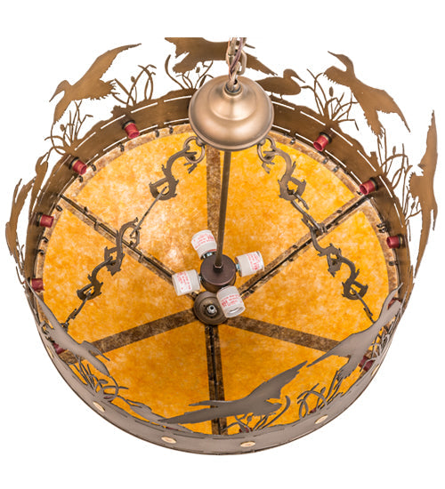 Meyda Lighting Ducks in Flight 32133 24" 4-Light Antique Copper Inverted Pendant Light With Amber Mica Shade Glass