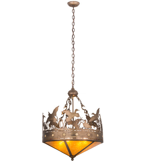 Meyda Lighting Ducks in Flight 32133 24" 4-Light Antique Copper Inverted Pendant Light With Amber Mica Shade Glass