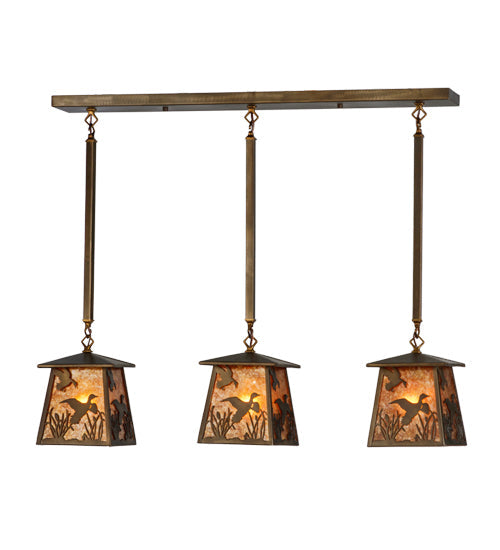 Meyda Lighting Ducks in Flight 36" 3-Light Antique Copper Island Pendant Light With Amber Mica Shade Glass
