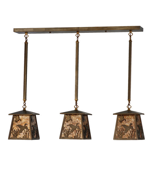 Meyda Lighting Ducks in Flight 36" 3-Light Antique Copper Island Pendant Light With Amber Mica Shade Glass