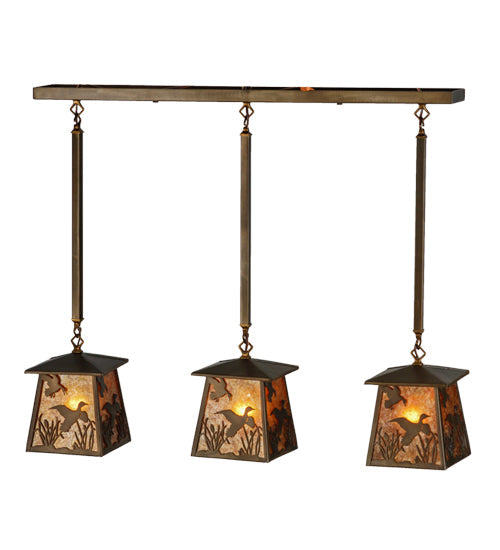 Meyda Lighting Ducks in Flight 36" 3-Light Antique Copper Island Pendant Light With Amber Mica Shade Glass