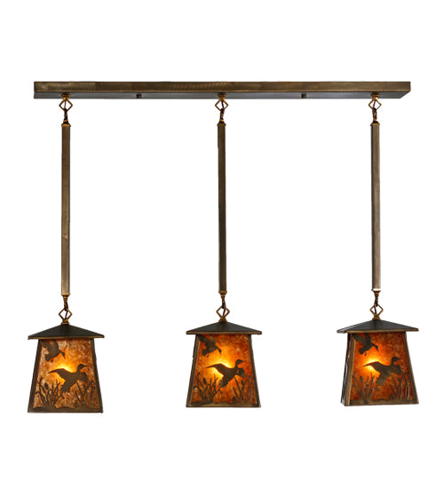 Meyda Lighting Ducks in Flight 36" 3-Light Antique Copper Island Pendant Light With Amber Mica Shade Glass