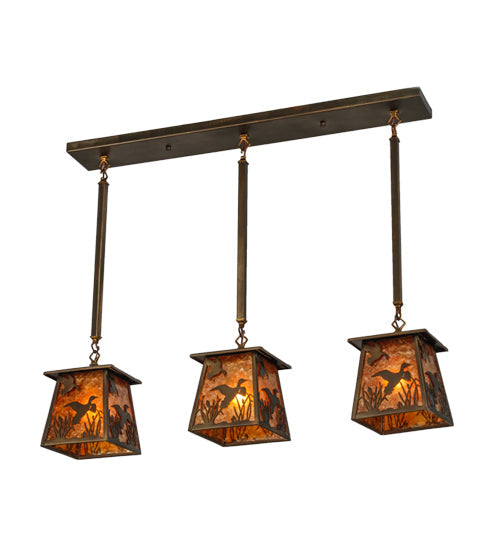 Meyda Lighting Ducks in Flight 36" 3-Light Antique Copper Island Pendant Light With Amber Mica Shade Glass