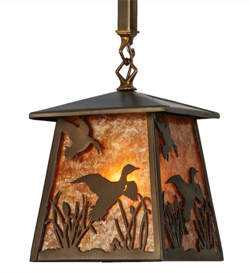 Meyda Lighting Ducks in Flight 36" 3-Light Antique Copper Island Pendant Light With Amber Mica Shade Glass
