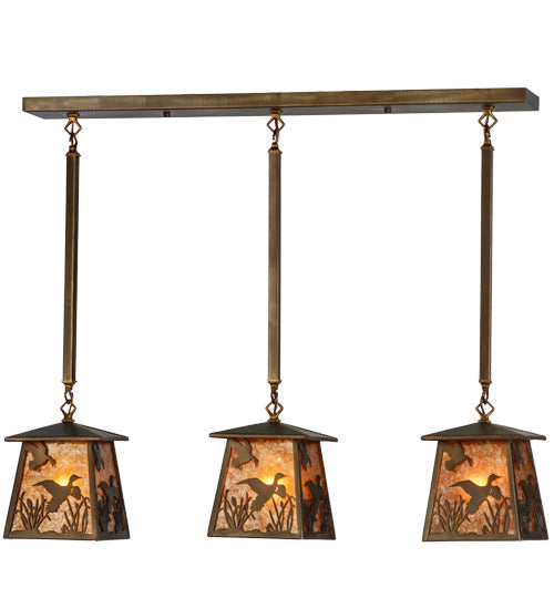 Meyda Lighting Ducks in Flight 36" 3-Light Antique Copper Island Pendant Light With Amber Mica Shade Glass