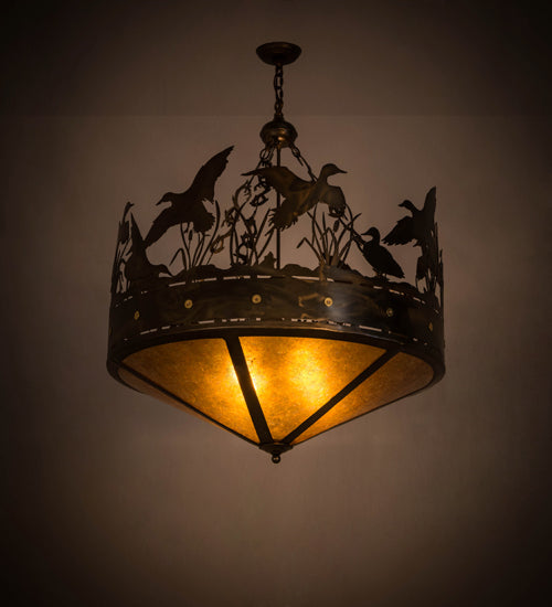 Meyda Lighting Ducks in Flight 36" 4-Light Antique Copper Inverted Pendant Light With Amber Mica Shade Glass